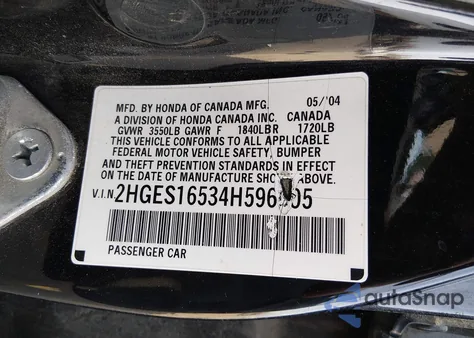 2004 Honda Civic Lx z USA, uszkodzony, nr VIN 2HGES16534H596605